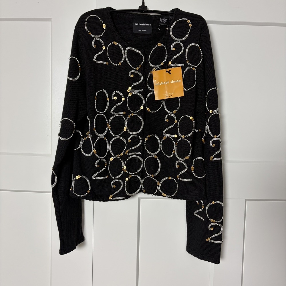 Vtg Michael Simon 2000 Millennium Beaded Cardigan Sweater Black Sequin NWT Sz L
